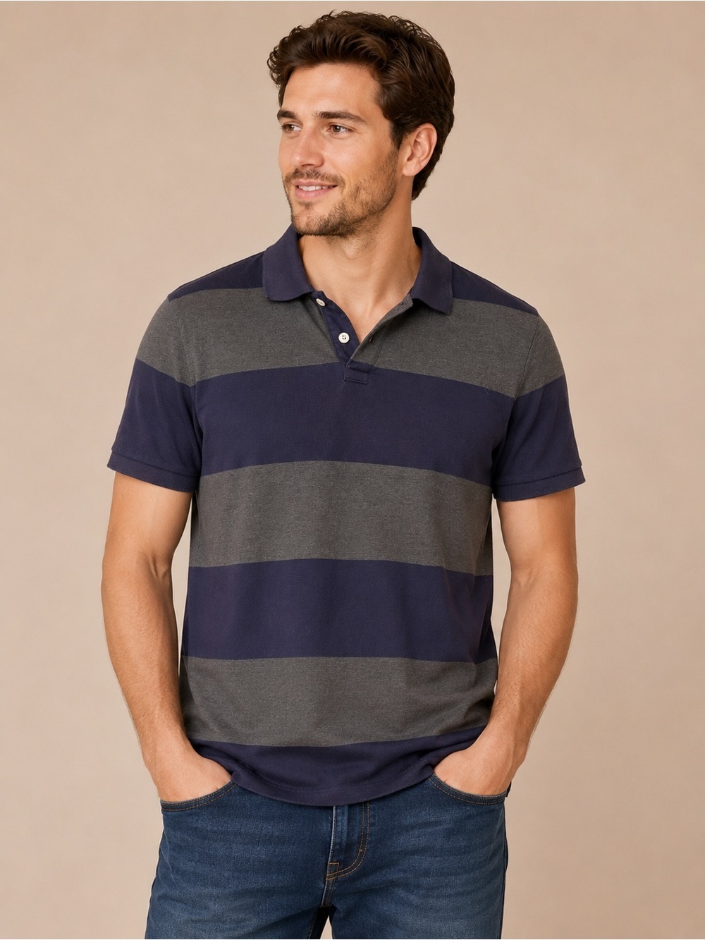 GAP Navy & Gray Striped Polo Shirt Men's XS Short Sleeve Casual Cotton